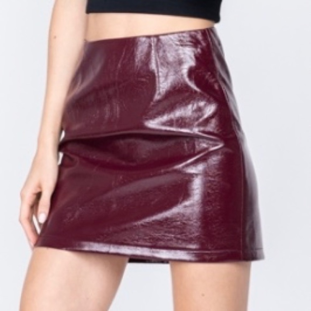 Faux Patent Mini Skirt Burgandy